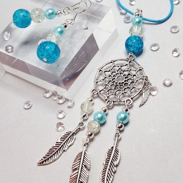 Dream Catcher Necklace and Beaded Earring Set Blue and Clear