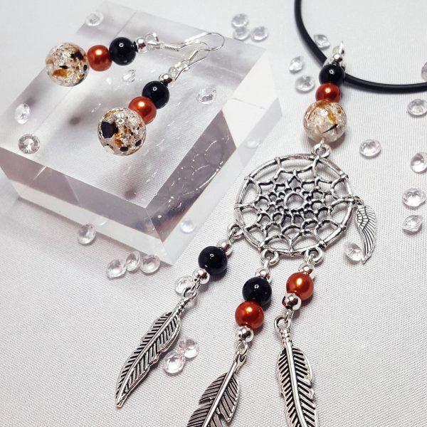 Dream Catcher Necklace and Beaded Earring Set Black and Brown