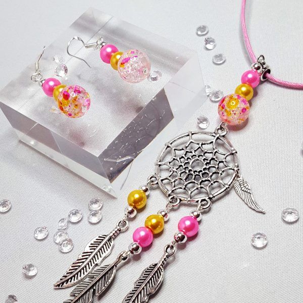 Dream Catcher Necklace and Beaded Earring Set Pink and Yellow