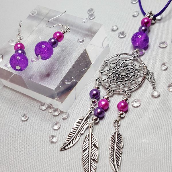 Dream Catcher Necklace and Beaded Earring Set Purple