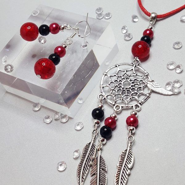 Dream Catcher Necklace and Beaded Earring Set Black and Red