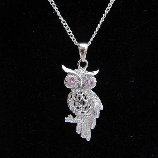 Silver Plated Owl Pendant With Mauve Crystal Chaton Eyes Conscious Crafties 1923