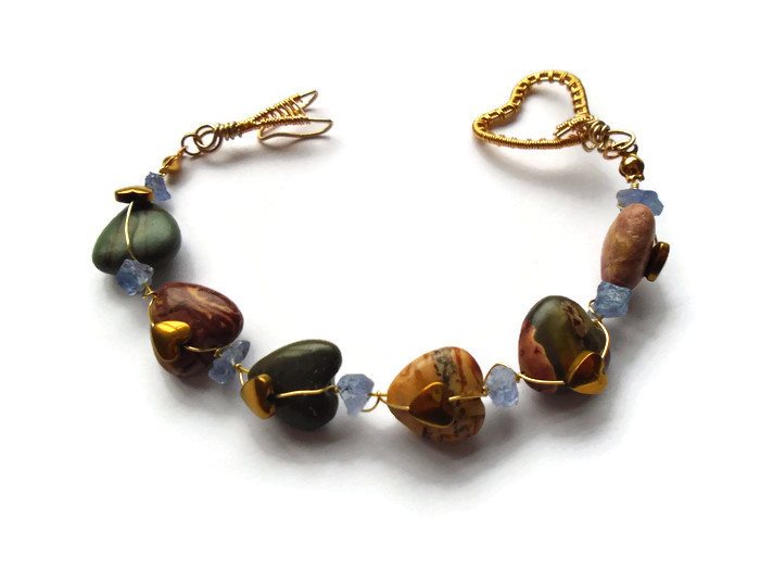 Gold Wire Wrapped Picasso Jasper Heart Bracelet | Conscious Crafties