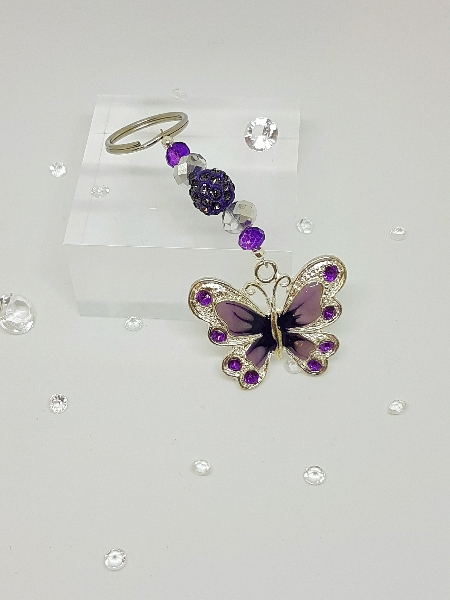 Purple rhinestone butterfly shamballa bead awareness ribbon keyring ...